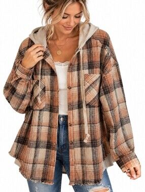 Plaid Hooded Button-Up Shacket in Tan Brown NWT Large Granola Girl